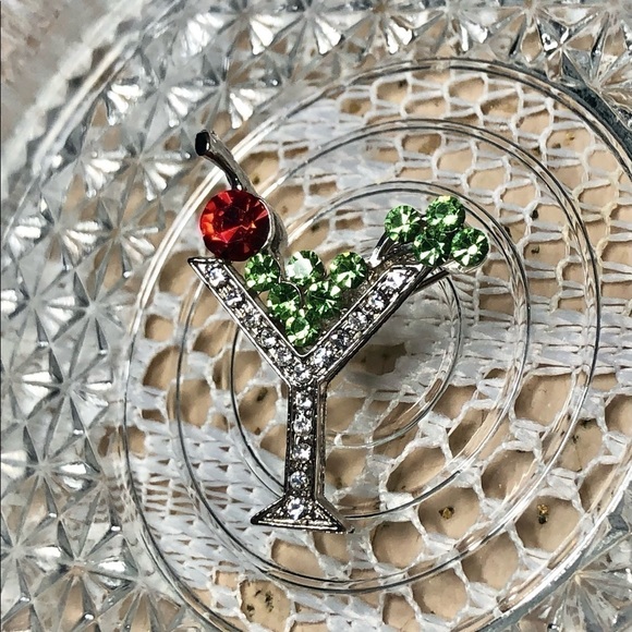 MARTINI Brooch Pin Silver Tone Red Green Clear Rhinestones 1” - Picture 2 of 5
